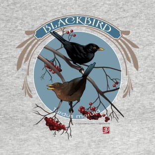 Blackbirds courting in a rowan tree T-Shirt